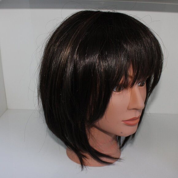 Synthetic Fiber Short Straight Brown W/Highlights Bob Wig With Bangs - Picture 6 of 11